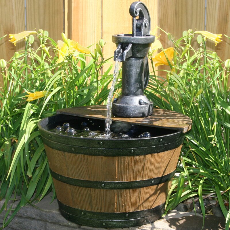 outsunny wood water pump fountain barrel outdoor garden electric tap on outdoor fountain pump